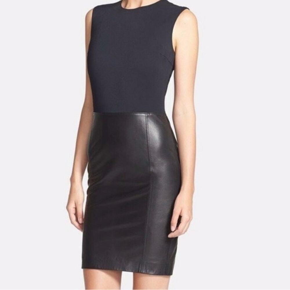 Vince Sleeveless Leather Ponte Combo Sheath Dress Black - Size: 6 - Picture 1 of 13